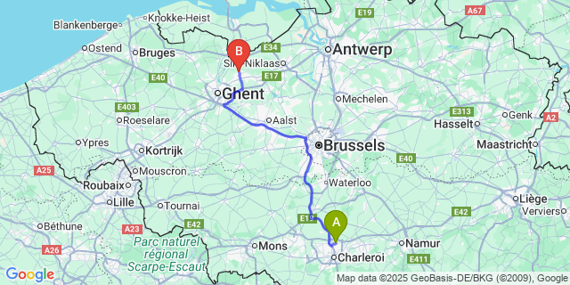 Map: Charleroi Airport Brussels South (CRL) to Zaffelare
