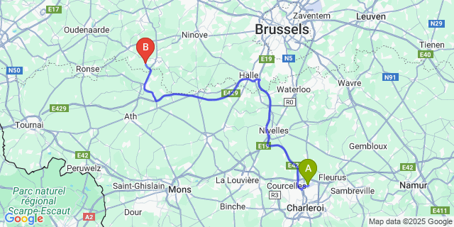 Map: Charleroi Airport Brussels South (CRL) to Zarlardinge
