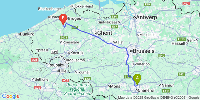 Map: Charleroi Airport Brussels South (CRL) to Zedelgem