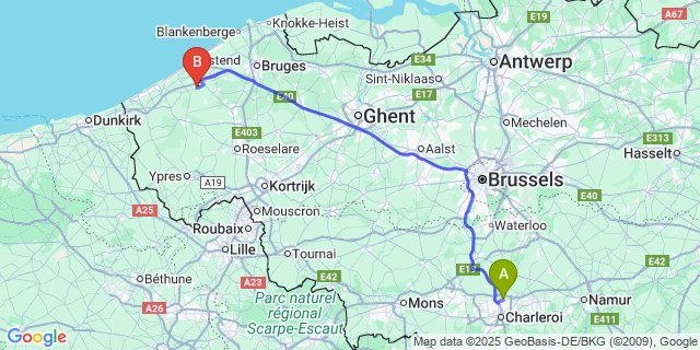 Map: Charleroi Airport Brussels South (CRL) to Zevekote