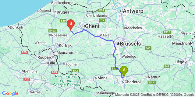 Map: Charleroi Airport Brussels South (CRL) to Zeveren