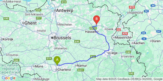 Map: Charleroi Airport Brussels South (CRL) to Zolder