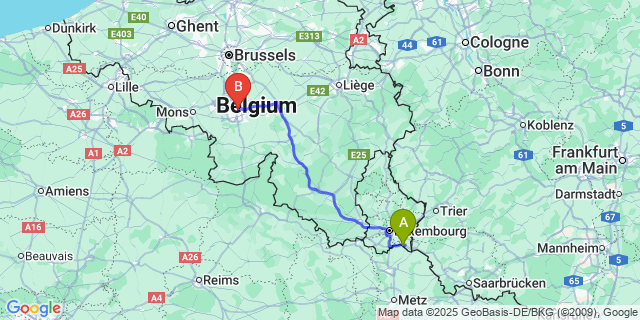 Map: Charleroi Airport Brussels South (CRL) to Mondorf-les-Bains